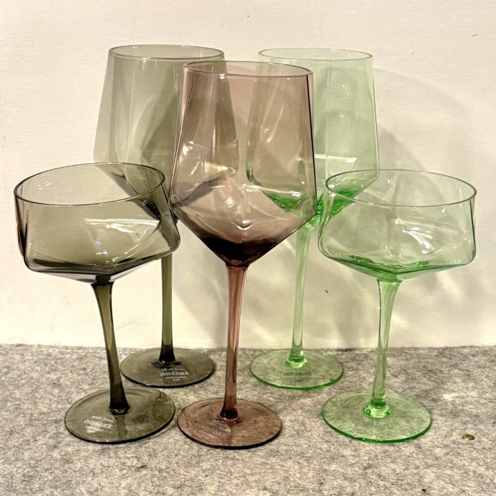 Set of 5 Variety Colors of Over & Back Cocktail Glasses 3 -9.5" Wine glasses and
